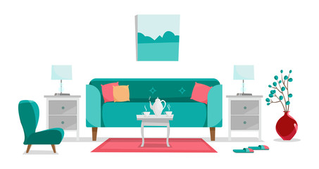 Turquoise sofa with table, bedside tables, painting, table lamps, vase, carpet, soft chair and slippers in living room. Porcelain coffee set of coffee pot and two cups on table. Flat cartoon vector