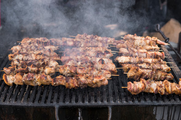 Assorted delicious grilled meat over the coals on barbecue.