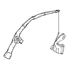 Fishing rod with crochet. Vector illustration fishing gear with old boot. Hand drawn.