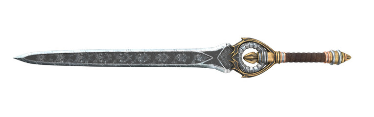 Fantasy long sword with patterns and leather on the handle on an isolated white background. 3d illustration