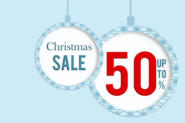 Christmas sale 50 % in white blue christmas ball with snowflakes pattern. 