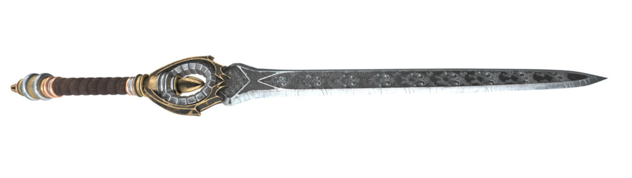 Fantasy long sword with patterns and leather on the handle on an isolated white background. 3d illustration