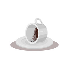 Guessing on the coffee grounds. White cup lying on its side on saucer. Fortune-telling. Divination theme. Flat vector icon