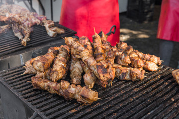 Assorted delicious grilled meat over the coals on barbecue.