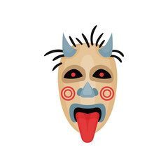 Scary mask with horns, black eyes and tongue out. Ritual attribute. Divination theme. Flat vector element for mobile game