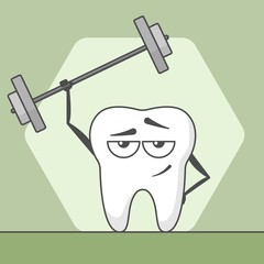 Cute happy cartoon tooth is in the fitness