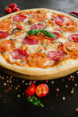 Tasty pizza with salami and cheese on black background