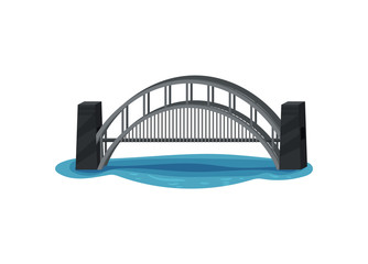 Large metal bridge over blue river. Modern construction for transportation. Urban transport infrastructure. Flat vector design