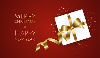 Christmas background with gift box and ribbons. Christmas greeting card or poster template.