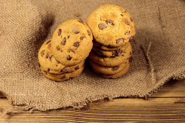 Chocolate chip cookies on wooden table