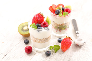 yogurt, cereal and fruits