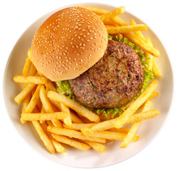 HAMBURGER AND CHIPS ON WHITE