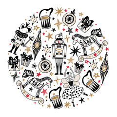 Nutcracker.  Gold Christmas vector card. Around motif. 