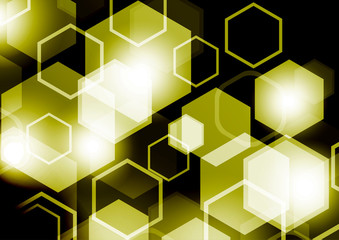 Bright abstract techno background with hexagons and glowing sparks.