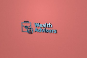 Text Wealth Advisors with blue 3D illustration and red background
