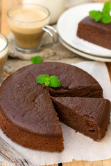 Homemade chocolate fondant cake with mellow filling for coffee