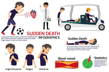 soccer player having a sudden death attack infographics, medical and health concept in heart attack or sudden death, stroke, vector illustration.