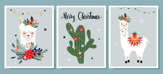 Christmas cards collection with cute llama, hand lettering and seasonal elements