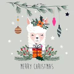 Foto auf Alu-Dibond Christmas card with llama and seasonal elements, vector design © lilett