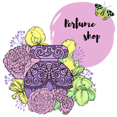 Illustration of woman perfume bottle with rose flowers and butterfly. Vector design elements with text place