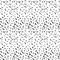 Black abstract texture with dashes or ink blobs. Paint ticks hand drawn background. Pencil, pen, marker ink pattern. Simple angle geometric shapes. Poster or wallpaper design. Vector illustration