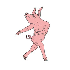 Piggy pink boy dancing ballet, hand drawn doodle, sketch, vector color illustration