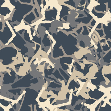 UFO military camouflage seamless pattern in different shades of beige and blue colors