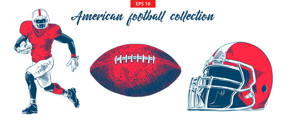 Vector engraved style illustration for posters, decoration. Hand drawn sketch of american football player, ball and helmet set isolated on white background. Detailed vintage etching drawing. © DELstudio