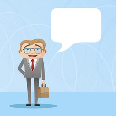 Vector designed character, businessman and speech bubble. Vector, illustration, flat