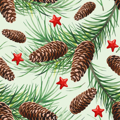 Seamless pattern with Christmas symbol - Christmas tree with cones and stars on light background. 