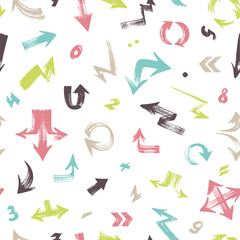 Seamless Pattern with colorful hand drawn arrows and numbers on white background.