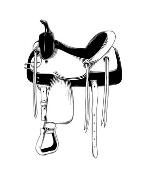 Vector engraved style illustration for posters, decoration and print. Hand drawn sketch of western saddle isolated on white background. Detailed vintage etching drawing.