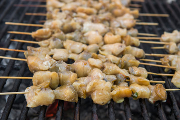 Rapan meat on the grill. Delicious festive barbecue. Food and holiday concept. Cooking BBQ seafood on fire.