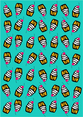 Cupcakes pattern on blue background, vector illustration, EPS 10, pop art style