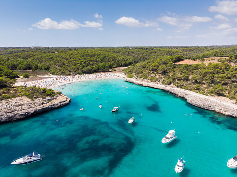 Spain, Balearic Islands, Mallorca, Aerial view of Cala Mondrago and Playa Mondrago, Mandrago Nature Park