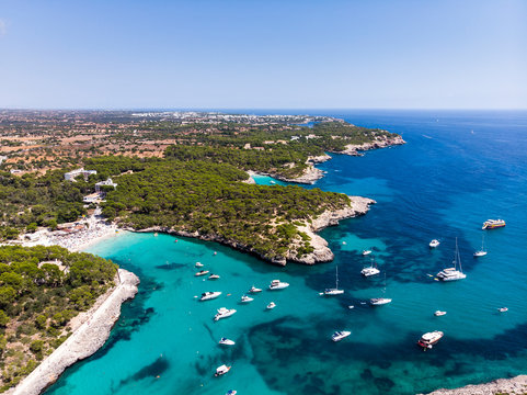 Spain, Balearic Islands, Mallorca, Aerial view of Cala Mondrago and Playa Mondrago, Mandrago Nature Park