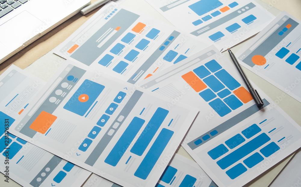 Poster Website designer Creative planning application developer development draft sketch drawing template layout prototype framework wireframe design studio . User experience concept .