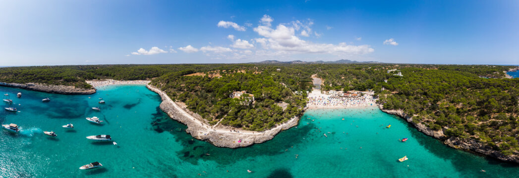 Spain, Balearic Islands, Mallorca, Aerial view of Cala Mondrago and Playa Mondrago, Mandrago Nature Park