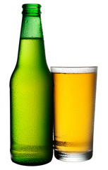 BOTTLE OF BEER AND GLASS ON WHITE