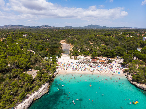 Spain, Balearic Islands, Mallorca, Aerial view of Cala Mondrago and Playa Mondrago, Mandrago Nature Park