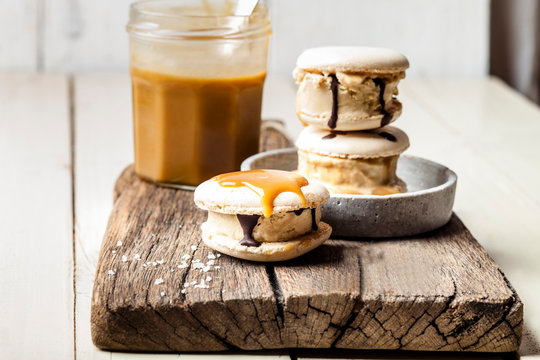Macarons filled with salted caramel ice cream