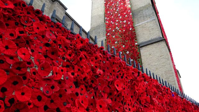 WW1 remembrance, Ypres, Belgium : thousands of knitted  poppies  cascading down the front of St Georges Memorial Church