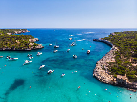 Spain, Balearic Islands, Mallorca, Aerial view of Cala Mondrago, Mandrago Nature Park