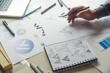 Graphic designer development process drawing sketch design creative Ideas draft Logo product...