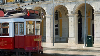 Plakat old historical tram in the city of lisbon