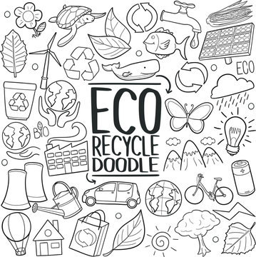 Ecology Recycle Traditional Doodle Icons Sketch Hand Made Design Vector