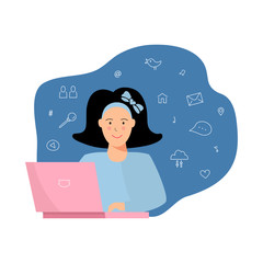 Girl is working at computer. Flat cartoon style vector illustration.