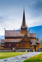 Fototapeta na wymiar Lom Stave Church is a stave church located in Lom, Oppland county, Norway