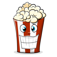Funny popcorn character in a red striped bucket. Cartoon Vector Illustration.
