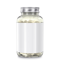 Transparent glass supplement bottle with silver cap. 3D medical mockup.